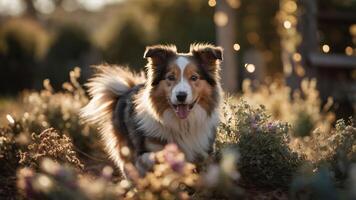 A happy dog playing in a sunlit garden filled with flowers. photo