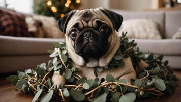 A pug surrounded by greenery, creating a cozy holiday atmosphere. photo