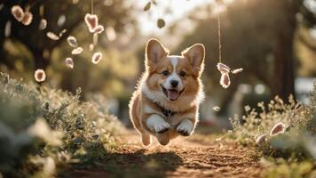A joyful corgi leaps through a sunlit garden, surrounded by soft, floating petals. photo