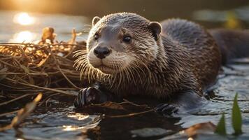 A close-up of an otter resting on the water's surface among leaves and twigs. photo