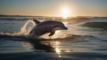 A dolphin gracefully leaps above ocean waves during sunset, creating a serene atmosphere. photo
