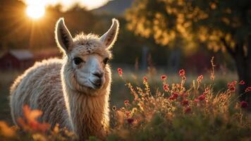 A serene llama stands amidst flowers at sunset, creating a peaceful rural scene. photo