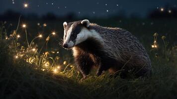 A badger illuminated by soft lights in a grassy field at night. photo