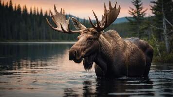 A moose wades through a tranquil lake surrounded by lush trees at sunset. photo