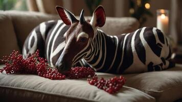 A creatively painted zebra-like creature resting on a couch with decorative berries. photo