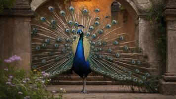 A vibrant peacock displays its colorful feathers in a picturesque setting. photo