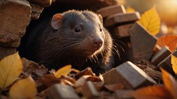 A close-up of a mongoose emerging from its burrow surrounded by autumn leaves. photo
