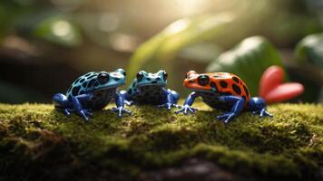 Three colorful poison dart frogs on moss in a natural setting. photo