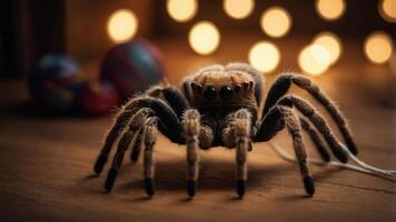 A detailed close-up of a spider with a blurred background of festive lights. photo
