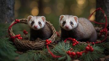 Two adorable ferrets surrounded by festive decorations in a forest setting. photo