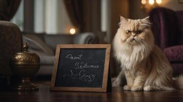 A fluffy cat sits beside a chalkboard with elegant writing in a cozy indoor setting. photo