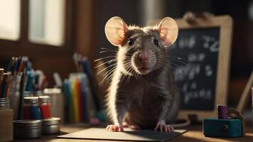A curious rat stands on a desk surrounded by stationery and a chalkboard. photo