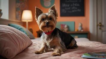 A cute Yorkshire Terrier sitting on a bed in a cozy, colorful room. photo