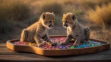 Two playful cheetah cubs sit on a colorful surface in a natural setting. photo