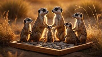 A group of meerkats interacting in a serene, sunlit environment. photo
