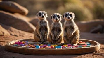 Three meerkats sitting together on a colorful stone platter in a natural setting. photo