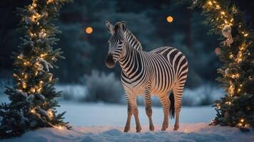 A zebra stands in a snowy landscape framed by festive lights and greenery. photo