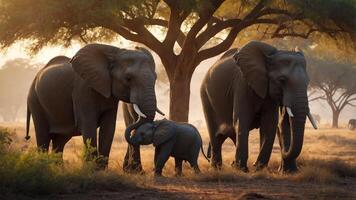 A family of elephants stands together under a tree in a serene, natural setting. photo