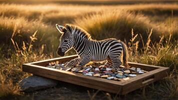 A zebra playfully interacts with colorful stones in a wooden tray against a golden grass backdrop. photo
