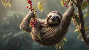 A sloth hanging from a branch amidst vibrant red berries in a lush environment. photo