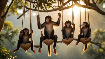 Four monkeys swinging on tree branches in a sunlit forest. photo