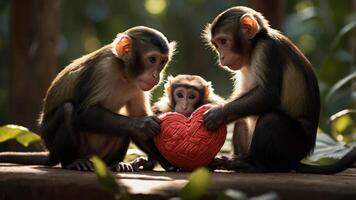 Three monkeys interact with a heart-shaped object in a lush, green environment. photo