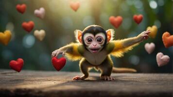 A playful monkey surrounded by colorful hearts, conveying joy and affection. photo