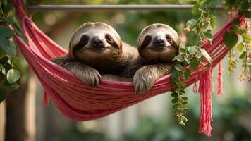 Two sloths lounging together in a pink hammock surrounded by greenery. photo