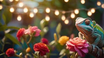 A chameleon resting on colorful flowers with warm string lights in the background. photo