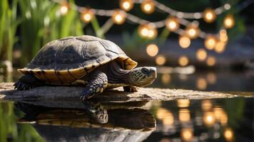 A turtle resting on a rock by a pond, illuminated by soft, glowing string lights. photo