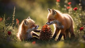 Two playful fox cubs interact with a pine cone in a vibrant, flower-filled meadow. photo
