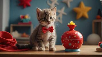 A playful kitten in a bow tie next to a colorful toy on a table. photo