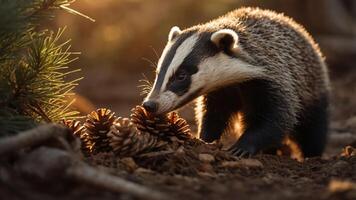 A badger foraging near pine cones in a sunlit forest setting. photo