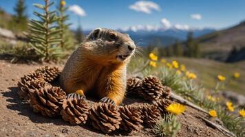 A charming marmot surrounded by pinecones in a scenic mountain landscape. photo