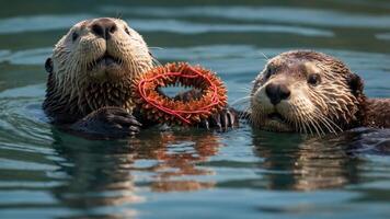 Two otters floating in water, holding a colorful ring and interacting playfully. photo