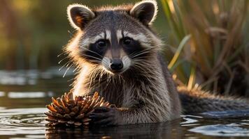A raccoon playing with a pine cone in a serene water setting, showcasing wildlife interaction. photo