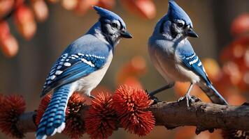 Two blue jays perched on a branch with vibrant autumn foliage in the background. photo