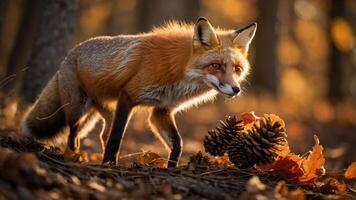 A red fox in a forest setting during autumn, surrounded by fallen leaves and pine cones. photo