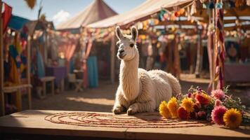 A llama poses on a table adorned with flowers in a vibrant market setting. photo