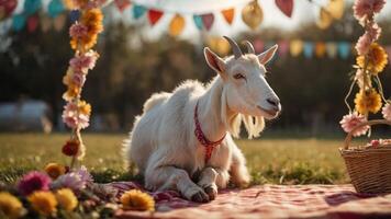 A serene goat resting on a blanket surrounded by flowers and decorations in a sunny field. photo