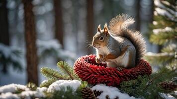 A squirrel perched on a red wreath surrounded by snow-covered pine trees. photo