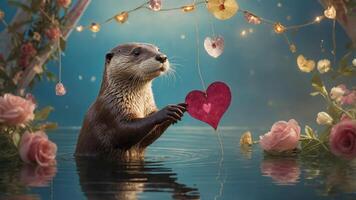 An otter holds a heart-shaped decoration amidst a serene, floral water setting. photo