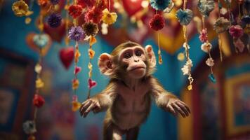 A playful monkey surrounded by colorful decorations in a vibrant setting. photo