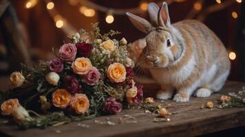 A rabbit beside a vibrant bouquet of flowers on a rustic wooden table. photo