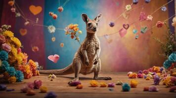 A kangaroo surrounded by colorful flowers and decorations, creating a whimsical atmosphere. photo