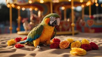 A colorful parrot surrounded by roses in a playful carnival setting. photo