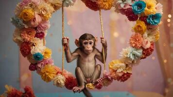 A baby monkey swings on a floral wreath, surrounded by colorful flowers in a playful setting. photo