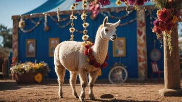 A decorated llama stands in a festive setting with flowers and colorful decorations. photo