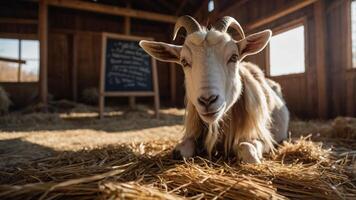 A goat resting on straw inside a barn with a chalkboard in the background. photo