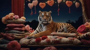 A tiger lounges on decorative pillows adorned with flowers and hearts, creating a whimsical scene. photo